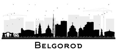Beyaz üzerinde siyah binalar bulunan Belgorod Rusya şehir silueti. Vektör çizimi. Belgorod şehir simgeleriyle dolu. Modern ve tarihi mimari ile seyahat turizmi kavramı.