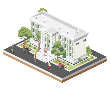 Adliye binasının, bankanın, üniversitenin ya da devlet kurumunun farklı bir görüşü. Yüksek sütunlu kamu binası. Vektör çizimi. Hukuk ve adalet kavramı.