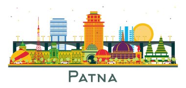 Patna India City Skyline ve renkli binalar beyaza izole edilmiş. Vektör İllüstrasyonu. Modern Mimariyle İş Seyahatleri ve Turizm Konsepti. Tarihi Simgeli Patna Şehir Manzarası.