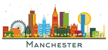 Beyaz renkli binaları olan Manchester Skyline. Vektör İllüstrasyonu. Modern Mimariyle İş Seyahatleri ve Turizm Konsepti. Tarihi Simgeli Manchester Şehri.