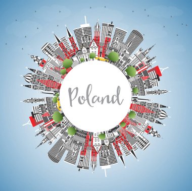 Gri Binaları, Mavi Gökyüzü ve kopyalama alanı olan Polonya Şehri Skyline. Vektör İllüstrasyonu. Modern Mimarlık kavramı. Polonya Şehir Manzarası 'nın simgeleri. Varşova. Krakow. Lodz. Yılan pençesi. Poznan..