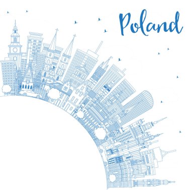 Polonya City Skyline 'ı Blue Buildings ve fotokopi alanı ile özetle. Vektör İllüstrasyonu. Modern Mimarlık kavramı. Polonya Şehir Manzarası 'nın simgeleri. Varşova. Krakow. Lodz. Yılan pençesi. Poznan..