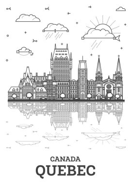 Quebec Kanada şehrinin ana hatları, beyaza izole edilmiş modern ve tarihi binalar. Vektör çizimi. Quebec şehir manzarası şehir işaretleri ve yansımaları ile.