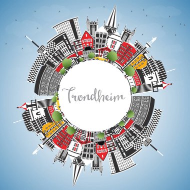 Renk Binaları, Mavi Gökyüzü ve kopyalama alanı olan Trondheim Norveç Şehri Skyline. Vektör İllüstrasyonu. Landmark 'lı Trondheim City manzarası. Tarihi Mimariyle İş Seyahati ve Turizm Konsepti.