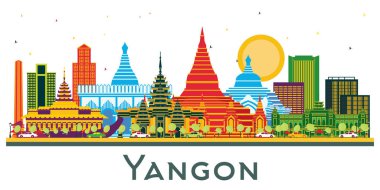 Yangon Myanmar City Skyline ve beyaz renkli binalar. Vektör İllüstrasyonu. Tarihi Mimariyle İş Seyahati ve Turizm Konsepti. Tarihi Simgeli Yangon Şehir Manzarası.