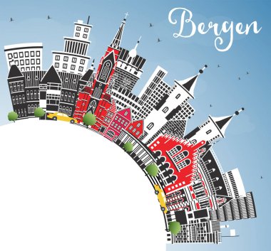 Bergen Norveççesi gökyüzü mavi renkli binalar ve kopyalama alanı ile ufuk çizgisi. Vektör İllüstrasyonu. Tarihi Simgeli Bergen Şehri. Tarihi Mimariyle İş Seyahati ve Turizm Konsepti.