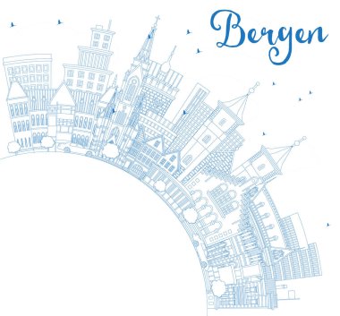 Bergen Norveç Şehri Skyline 'ı Blue Buildings ve kopya alanı ile özetleyin. Vektör İllüstrasyonu. Tarihi Simgeli Bergen Şehri. Tarihi Mimariyle İş Seyahati ve Turizm Konsepti.