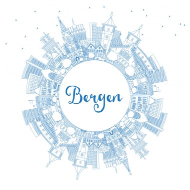 Bergen Norveç Şehri Skyline 'ı Blue Buildings ve kopya alanı ile özetleyin. Vektör İllüstrasyonu. Tarihi Simgeli Bergen Şehri. Tarihi Mimariyle İş Seyahati ve Turizm Konsepti.