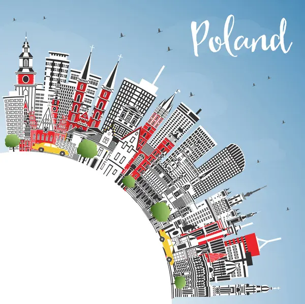 Gri Binaları, Mavi Gökyüzü ve kopyalama alanı olan Polonya Şehri Skyline. Vektör İllüstrasyonu. Modern Mimarlık kavramı. Polonya Şehir Manzarası 'nın simgeleri. Varşova. Krakow. Lodz. Yılan pençesi. Poznan..