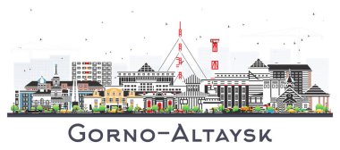 Gorno-Altaysk Rusya şehir silueti beyaza izole edilmiş renkli binalarla. Vektör çizimi. Gorno-Altaysk şehir merkezi. Modern ve tarihi mimariyle seyahat ve turizm kavramı.