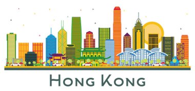 Beyaz renkli binaları olan Hong Kong China City Skyline. Vektör İllüstrasyonu. Modern Mimariyle İş Seyahatleri ve Turizm Konsepti. Tarihi Simgeli Hong Kong Şehri.