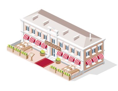 Restoranı ve terası olan Isome binası. Vektör çizimi. Otelde açık hava terası ve açık hava koltukları olan bir sokak restoranı. Şehir mimarisi öğesi. Masalar ve sandalyeler.