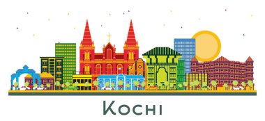 Kochi Hindistan şehir manzarası ile renk üzerine beyaz izole binalar. Vektör çizim. İş seyahat ve Turizm kavramı tarihi mimarisi ile. Kochi Cityscape yerler ile.