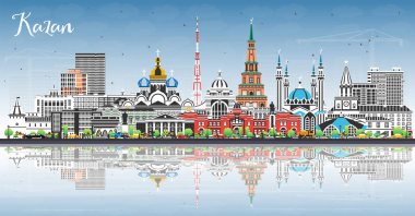 Kazan Rusya şehri gökyüzü mavi renkli binalar ve yansımalarla gökyüzüne doğru yükseliyor. Vektör çizimi. Şehir simgeleriyle dolu Kazan şehri. Modern ve tarihi mimariyle seyahat ve turizm kavramı
