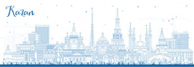 Kazan Rusya 'nın ana hatları mavi binalarla çizilmiş. Vektör çizimi. Şehir simgeleriyle dolu Kazan şehri. Modern ve tarihi mimariyle seyahat ve turizm kavramı.