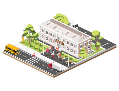 Müze binasının ilginç manzarası. Vektör çizimi. Sütunları olan güzel bir klasik bina. Arka arkaya çalılıklar. Arabalar, ağaçlar ve banklar. Etrafta dolaşan insanlar.