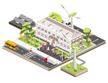 Müze binasının ilginç manzarası. Vektör çizimi. Güneş panelleri ve rüzgar türbinleri. Ekoloji korunumu. Sürdürülebilir enerji. Arabalar, ağaçlar ve banklar. Etrafta dolaşan insanlar.