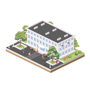 Isometric konutu, belediye binası, belediye binası. Küçük bir otel binası cephesi. Vektör çizimi. Ağaçlar ve banklar. Etrafta dolaşan insanlar.