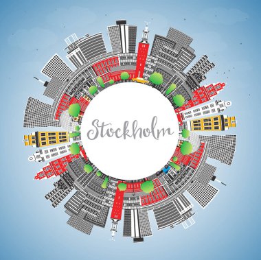 Stockholm şehrinde gökyüzü mavi renkli binalar ve kopyalama alanı var. Vektör çizimi. Stockholm şehir simgeleriyle dolu. Modern mimariyle iş ve turizm kavramı.