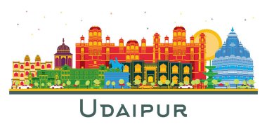 Udaipur Hindistan şehir manzarası ile renk üzerine beyaz izole binalar. Vektör çizim. İş seyahat ve Turizm kavramı tarihi mimarisi ile. Udaipur Cityscape yerler ile.
