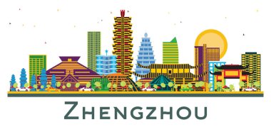 Zhengzhou China City Skyline Renk Binaları beyaza izole edilmiş. Vektör İllüstrasyonu. Modern Mimariyle İş Seyahatleri ve Turizm Konsepti. Simgeli Zhengzhou Şehir Manzarası.