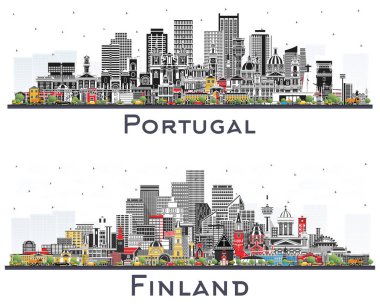 Finlandiya ve Portekiz. Gri binaları beyaza ayrılmış şehir silueti. Şehir simgeleriyle dolu. Porto ve Lisbon. Helsinki. Espoo 'da. Vantaa 'da. Oulu. Turku..