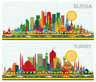 Rusya ve Türkiye City Skyline renkli binalar ve Mavi Gökyüzü ile kuruldu. Şehir simgeleriyle dolu. Moskova. Aziz Petersburg. Yekaterinburg 'da. İzmir. Ankara mı? İstanbul.