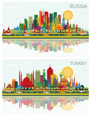 Rusya ve Türkiye City Skyline renkli binalar, mavi gökyüzü ve yansımalarla kurulmuştur. Şehir simgeleriyle dolu. Moskova. Aziz Petersburg. İzmir. Ankara mı? İstanbul.