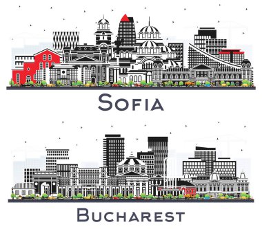 Bükreş Romanya ve Sofya Bulgaristan City Skyline 'ı beyaza izole edilmiş Renk Binaları ile kurdular. Yer İmlerine sahip şehir manzarası.