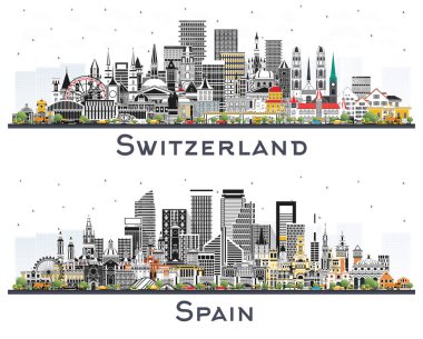 İsviçre ve İspanya City Skyline seti. Gri binalar beyaz üzerine izole edilmiş. Şehir simgeleriyle dolu. Bern. Basel. Lugano. Zürih 'te. Cenevre. Madrid mi? Barselona 'da. Valencia. Sevilla. Zaragoza.
