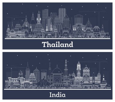 Hindistan ve Tayland City Skyline ana hatları beyaz binalarla çevrili. Tarihi Mimariyle Turizm Konsepti. Şehir simgeleriyle dolu Tayland şehri. Bangkok 'ta. Delhi mi? Mumbai, Bangalore, Chennai.