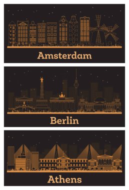 Berlin Almanya, Atina Yunanistan ve Amsterdam Holland Republic City Skyline turuncu binalarla çevrelenmiştir. Yer İmlerine sahip şehir manzarası.