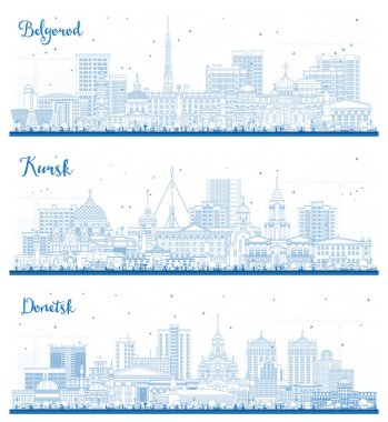 Donetsk, Kursk ve Belgorod Rusya şehir silueti mavi binalarla çevrili. Tarihi işaretli şehir manzarası.