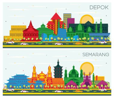 Semarang ve Depok Endonezya City Skyline Renkli Binalar ve Mavi Gökyüzü.
