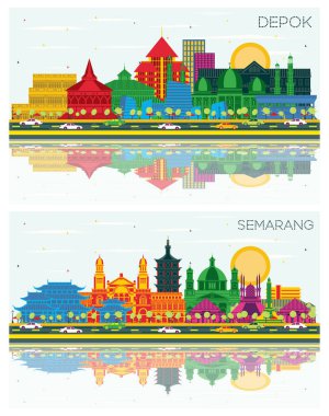 Semarang ve Depok Endonezya Şehri Renk Binaları, Mavi Gökyüzü ve Yansımaları ile Skyline.