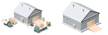 Isometric Dağıtım Lojistik Merkezi. Beyaz Arkaplan 'da kamyonları olan Depo Tesisleri. İllüzyon. Terminal Yükleniyor.