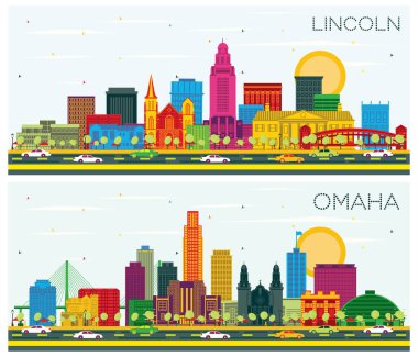 Omaha ve Lincoln Nebraska City Skyline, Renkli Binalar ve Mavi Gökyüzü ile kurulmuştur. Tarihi Mimariyle İş Seyahati ve Turizm Konsepti.