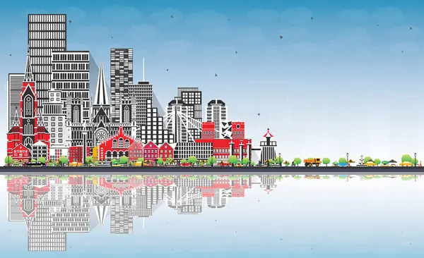 Norveç şehir silueti gri binalar, mavi gökyüzü ve yansımaları ile. Tarihi, modern mimari kavramı. Kent simgeleriyle Norveç şehri. Oslo. Stavanger. Trondheim. Bergen.