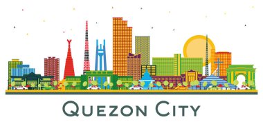 Quezon City Philippines City Skyline Renk Binaları beyaza izole edilmiş. Vektör İllüstrasyonu. Modern Mimariyle İş Seyahati ve Turizm İllüstrasyonu. Quezon Şehri Şehir Manzarası.
