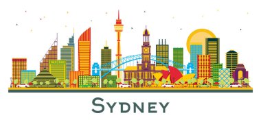 Sydney Australia City Skyline Renk Binaları beyaza izole edilmiş. Vektör İllüstrasyonu. Modern Mimariyle İş Seyahatleri ve Turizm Konsepti. Simgeli Sydney Şehir Manzarası.