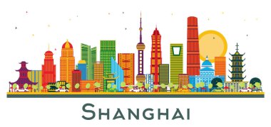 Şanghay Çin şehir manzarası ile renk üzerine beyaz izole binalar. Vektör çizim. İş seyahat ve Turizm kavramı Modern mimariye sahip. Shanghai Cityscape yerler ile.