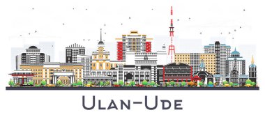 Ulan-Ude Rusya şehir silueti beyaza izole edilmiş renkli binalar ile. Vektör çizimi. Tarihi işaretli Ulan-Ude şehir manzarası. Modern ve tarihi mimariyle iş seyahati ve turizm kavramı.