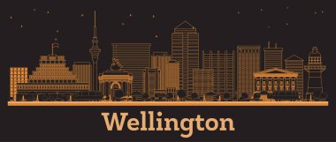 Wellington Yeni Zelanda Şehri Skyline ve turuncu binalar. Vektör İllüstrasyonu. Modern Mimariyle İş Seyahati ve Kavram. Tarihi Simgeli Wellington Şehir Manzarası.