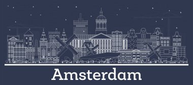 Amsterdam Holland City 'nin ana hatlarıyla beyaz binalar. Vektör İllüstrasyonu. Tarihi Mimariyle İş Seyahati ve Turizm Konsepti. Amsterdam Hollanda Şehir Manzarası Simgeli.