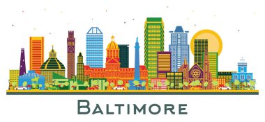 Baltimore Maryland City Skyline Renk Binaları beyaza izole edilmiş. Vektör İllüstrasyonu. Modern Mimariyle İş Seyahatleri ve Turizm Konsepti. Tarihi Simgelerle Baltimore Şehri.