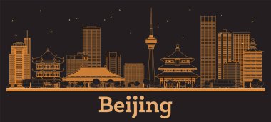 Beijing China City Skyline ve turuncu binalar. Vektör İllüstrasyonu. Modern Mimariyle İş Seyahati ve Kavram. Pekin Şehir Manzarası Simgeleri.