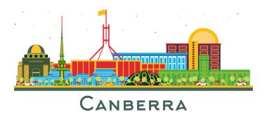 Canberra Australia City Skyline Renk Binaları beyaza izole edilmiş. Vektör İllüstrasyonu. Modern Mimariyle İş Seyahatleri ve Turizm Konsepti. Simgeli Canberra Şehir Manzarası.