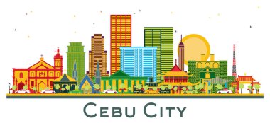 Cebu City Filipinleri. Renkli binalar beyaza izole edilmiş. Vektör İllüstrasyonu. Modern Mimariyle İş Seyahatleri ve Turizm Konsepti. Kentin simgelerine sahip Cebu Şehri.