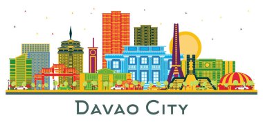 Davao City Filipinleri. Renkli binalar beyaz üzerine izole edilmiş. Vektör İllüstrasyonu. Modern Mimariyle İş Seyahati ve Turizm İllüstrasyonu.