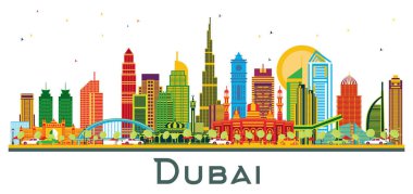 Dubai UAE City Skyline ve renkli binalar beyaza izole edilmiş. Vektör İllüstrasyonu. Modern Mimariyle İş Seyahatleri ve Turizm Konsepti. Tarihi Simgelerle Dubai Şehir Manzarası.